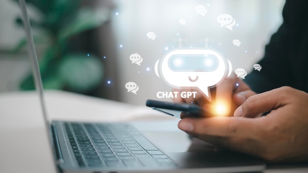 Photo chatgpt chat with ai or artificial intelligence man chatting with a smart ai or artificial intelligence using an artificial intelligence chatbot developed by openai