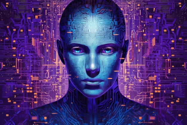 ChatGPT supercomputer and artificial intelligence in the face of a man connected to the Internet