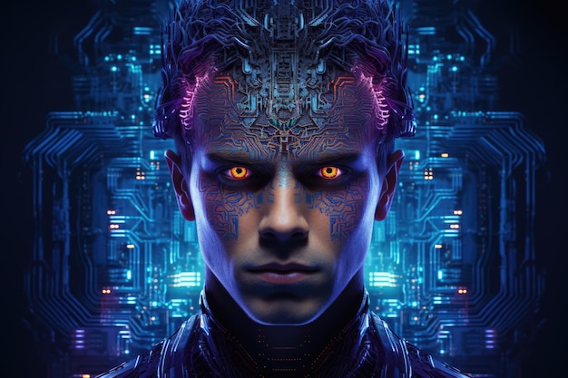 ChatGPT supercomputer and artificial intelligence in the face of a man connected to the Internet