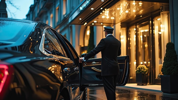 Photo a chauffeur stands by a luxury car outside a stylish hotel entrance at dusk