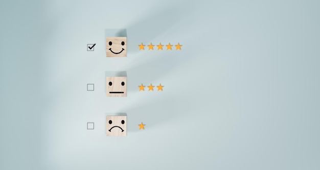 Check mark to select smile face with five stars on blue background Customer evaluation concept