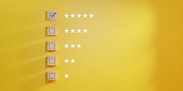 Check mark to select smile face with five stars on blue background Customer evaluation concept