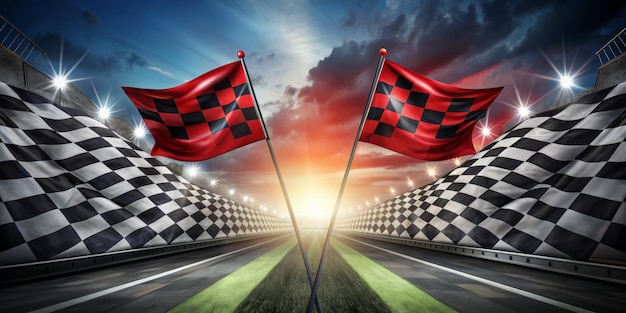 A checkered flag is flying in the air above a racetrack