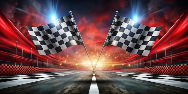 A checkered flag is flying in the air above a racetrack