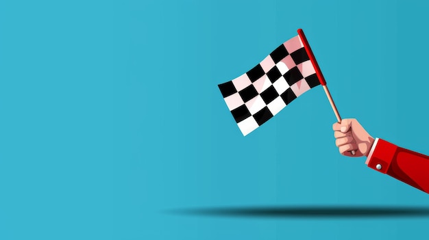 Photo checkered flag waving in hand victory success achievement finish line competition race sport goal target