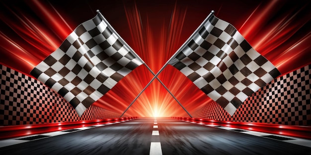 A checkered flag with a red background