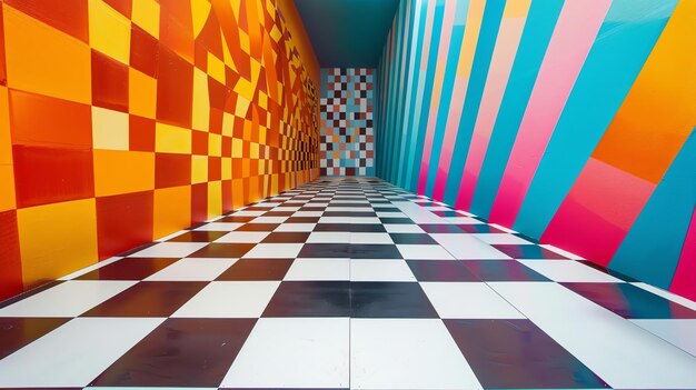 Photo a checkered floor leading into a hallway with colorful walls