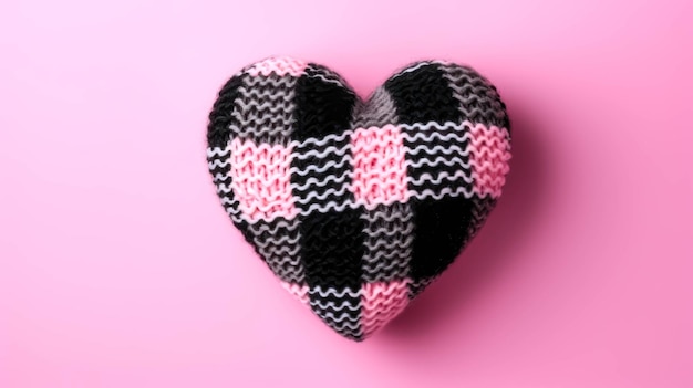 Checkered Knitted Heart on Pink Background Knitted Heart Object