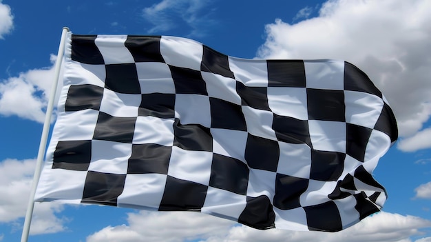 A checkered racing flag fluttering in the wind against a blue sky backdrop representing