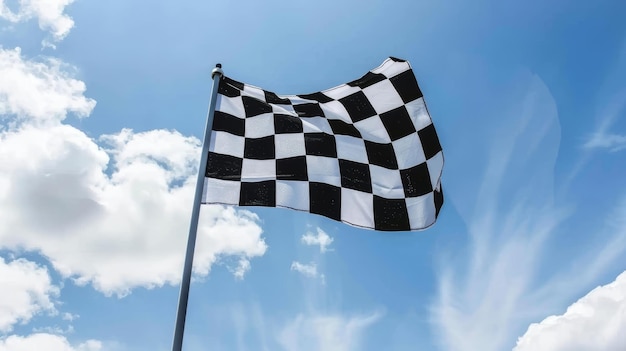 A checkered racing flag fluttering in the wind against a blue sky backdrop representing