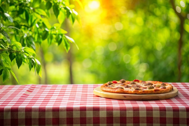 Photo checkered tablecloth with blurred greenery background featuring pizza