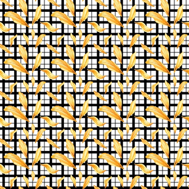 Checkered watercolor pattern with yellow sunflower petals on a white background