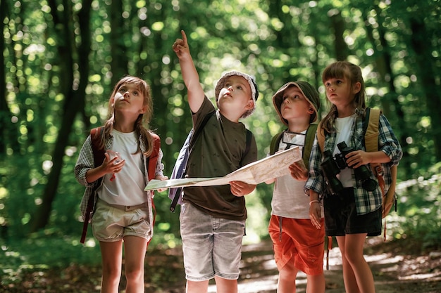 Photo checking the way on the map kids in forest at summer daytime together