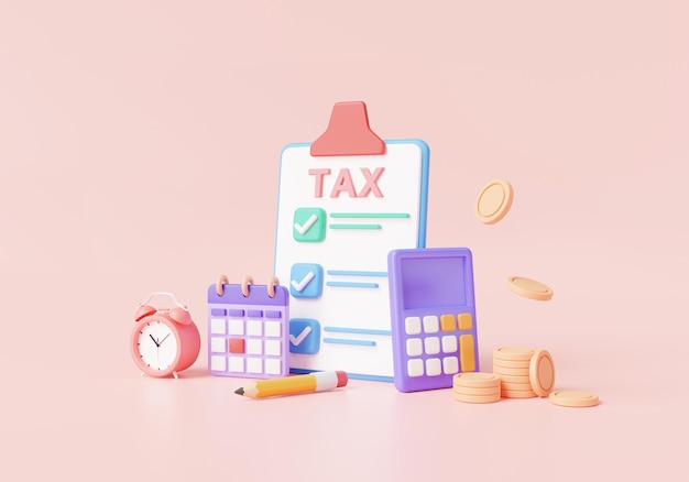 Checklist tax payment with calculator clock alarm and calendar Due date of tax payment financial management business tax accounting budget planningTax payment concept 3d render illustration