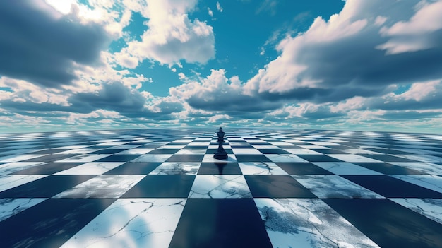 Checkmate Horizons lone chess pawn stands on a vast checkerboard that extends to infinity under a dramatic sky symbolizing the potential and strategic journey of every individual in the game of life