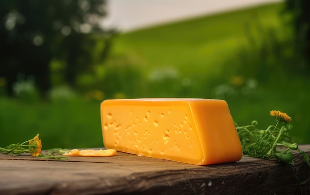 cheddar cheese on a wooden cutting board with field in the background ai generated