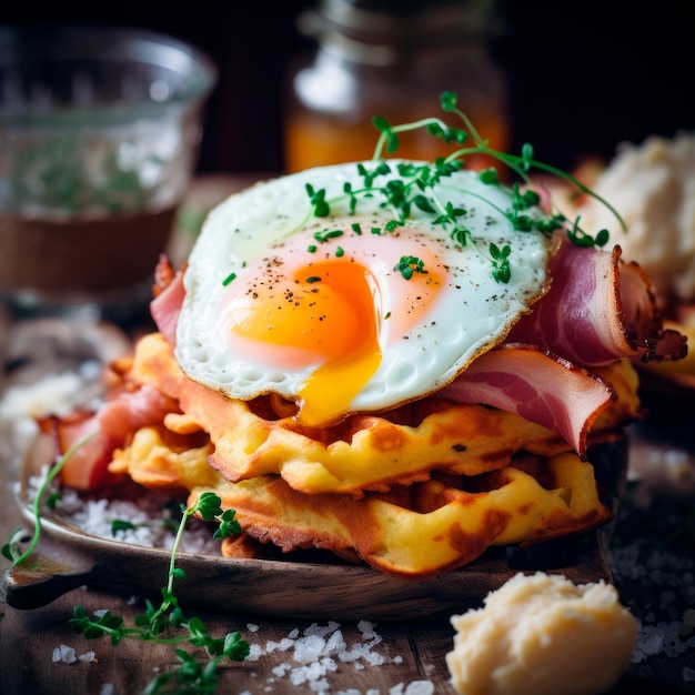 Cheddar Chive Cornbread Waffles with Fried Quail Eggs amp Crispy Ham