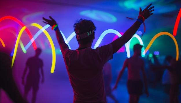 Cheer man fan hang out Fun guy enjoy music concert Epic neon glow light party