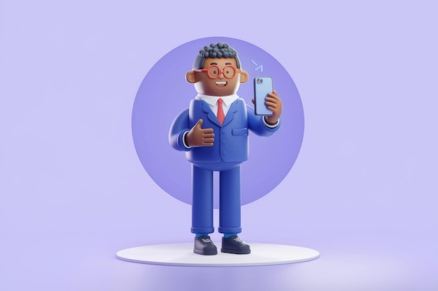 Cheerful 3D Animated Character In Blue Suit Holding Smartphone