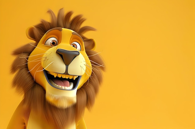 Cheerful 3D Cartoon Lion Character Radiating Positivity on Vibrant Yellow Backdrop