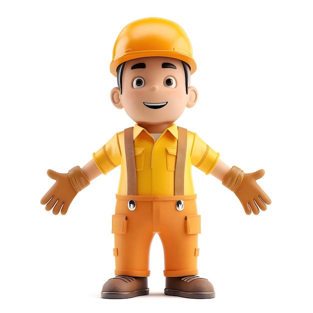 Cheerful 3D Construction Worker in Hardhat Isolated on White Background