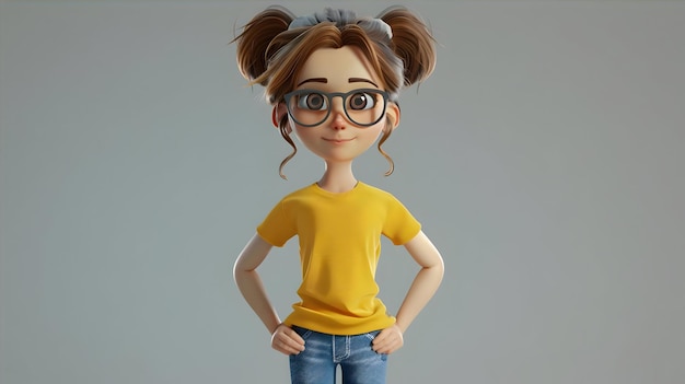 Photo cheerful 3d illustration of a happy young school girl wearing glasses with brown hair in a ponytail