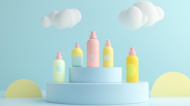 Photo a cheerful 3d podium with a spacious top surrounded by funthemed shampoo bottles and hair conditione