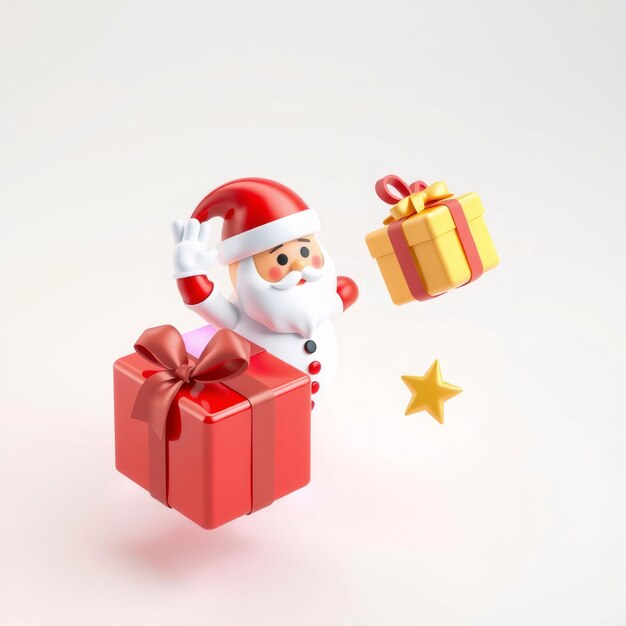 Cheerful 3D Santa Claus Holding a Gift Box with a Red Ribbon and a Yellow Star on a White Background