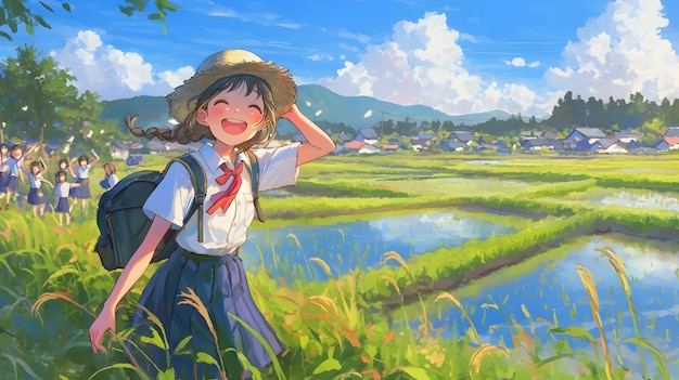 Cheerful Adolescent Girl Guiding Peers on Tranquil Waterway Amid Lush Rice Terraces in Serene Countryside Landscape