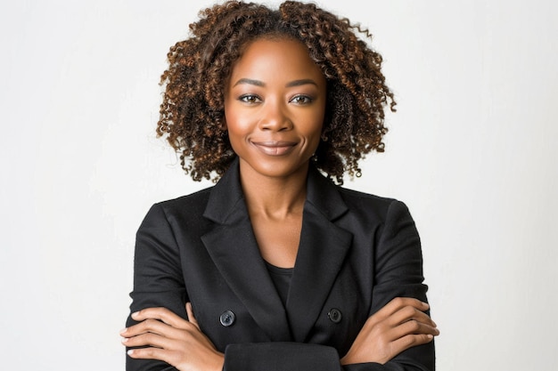 Cheerful African American businesswoman on white background