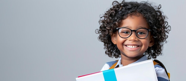 Cheerful African American child with textbooks on a clear background