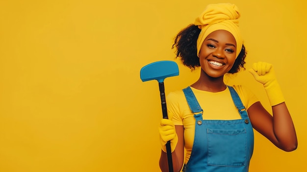 cheerful african american housewife in overalls holding shovel and looking at camera