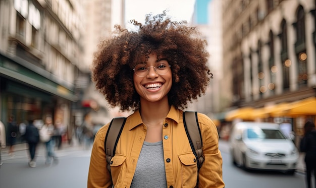 Cheerful African American tourist captures moments her infectious smile lighting up the scene