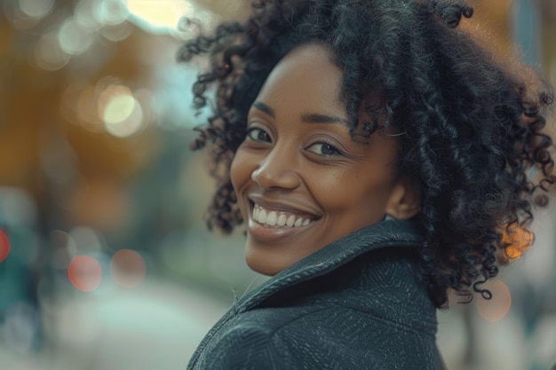 cheerful african american woman looking back smiling