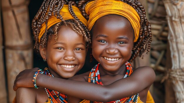 Cheerful African girls hugging on street