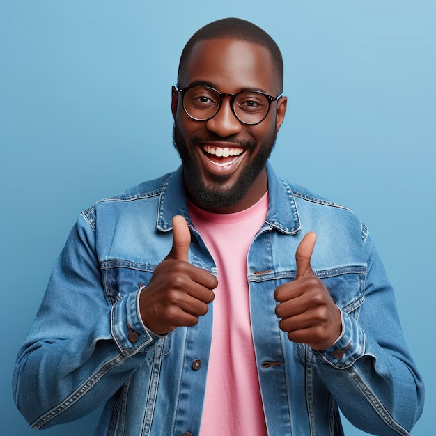 Cheerful african man wearing glasses jean jacket having white snow smile pointing fingers aside at copy space for your text advertisement