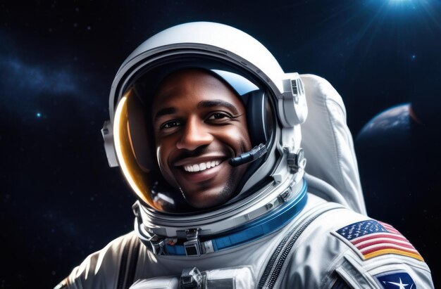 Cheerful AfricanAmerican astronaut in a spacesuit in outer space Cosmonautics Day