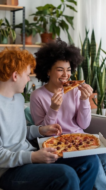 Photo cheerful afro woman eating pizza with redhead roommate sitting on sofa at home