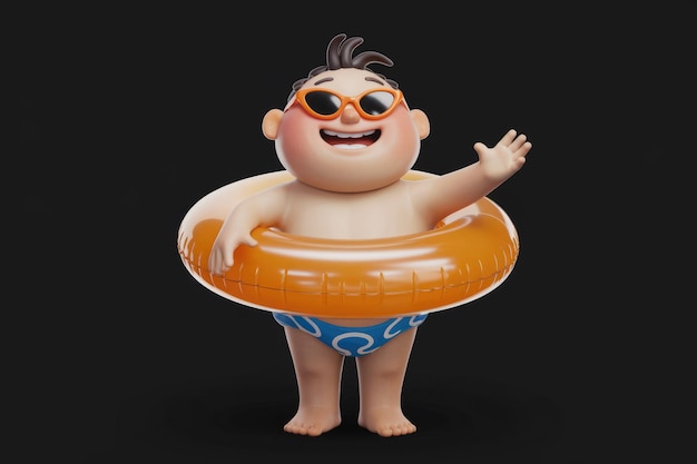 Photo cheerful animated boy with orange sunglasses and inflatable ring