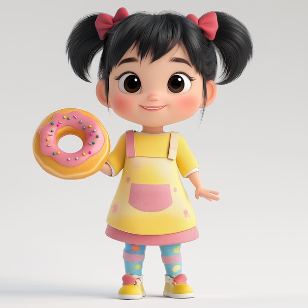 A cheerful animated character features round eyes and pigtails express emotional