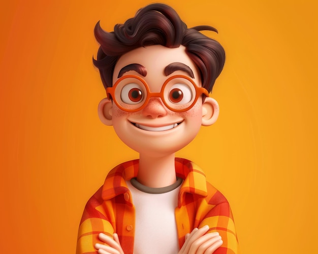 Cheerful Animated Character with Glasses in Orange Plaid Shirt and Friendly Expression against