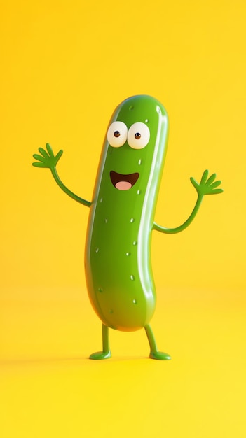 Cheerful animated pickle character waving against a bright yellow background in a playful and colorful setting