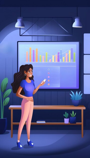 Photo a cheerful animated woman presents data on a large screen with colorful graphs and charts in a modern darktoned office with plants and hanging lamps