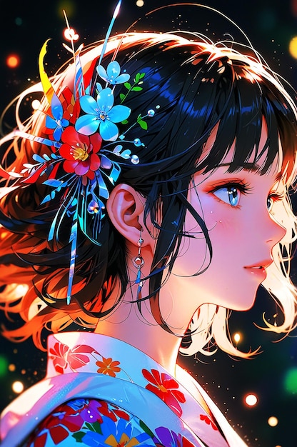 Photo cheerful anime girl with a vibrant flower in her hair against a soft background