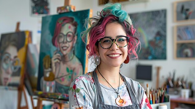 Cheerful artist with colorful hair and glasses in her studio surrounded by art supplies