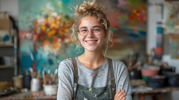 cheerful artist with glasses in art studio with colorful artwork in background