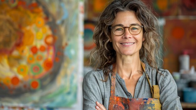 cheerful artist with glasses in art studio with colorful artwork in background