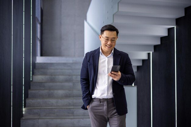 A cheerful asian businessman in a suit and glasses using a smartphone while descending a stylish