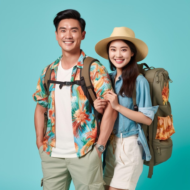 Cheerful Asian couple tourists wearing summer clothes for traveling on plain background