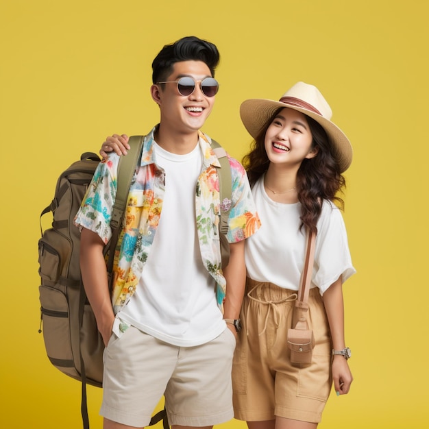 Cheerful Asian couple tourists wearing summer clothes for traveling on plain background